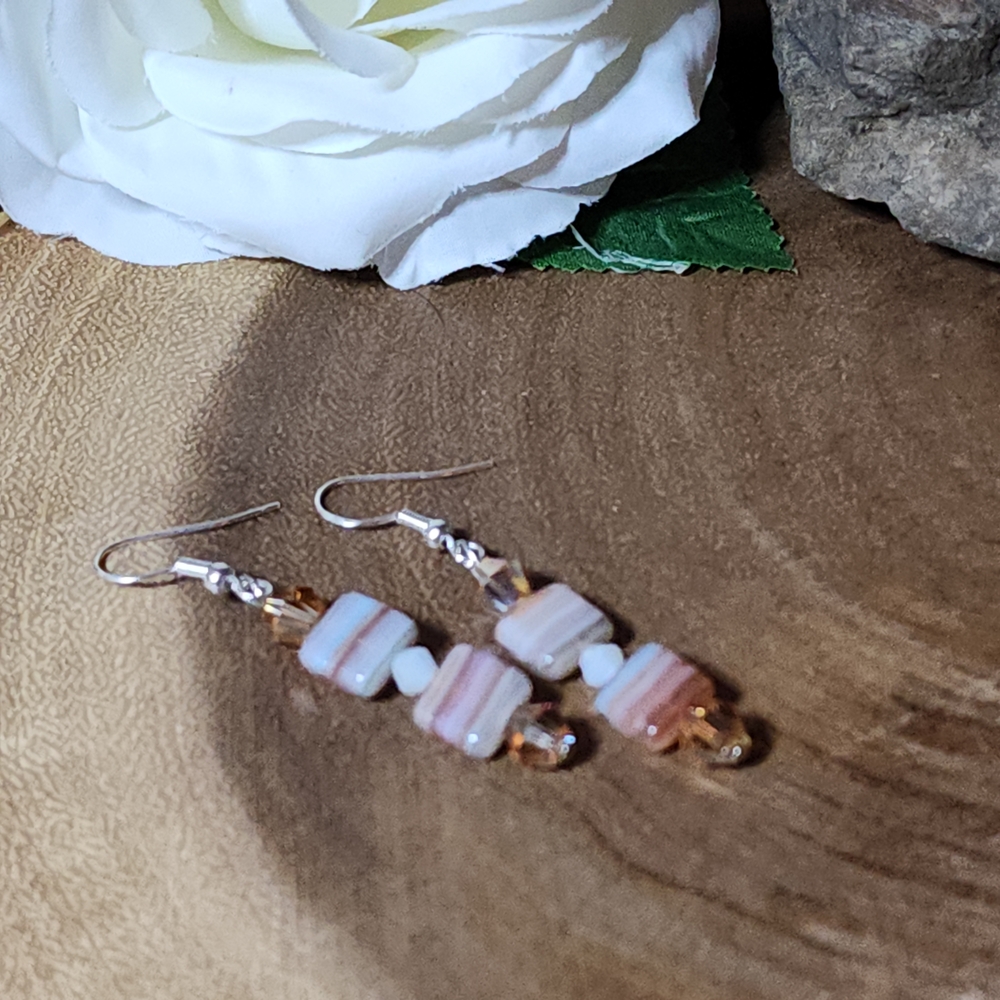 Hand Crafted Amber Orange And AB White Beaded Earrings